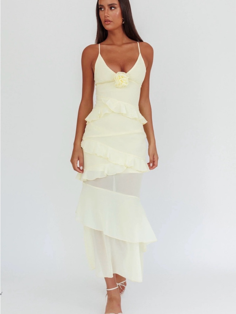 Yellow Ruffle Maxi Dress with Floral Detail